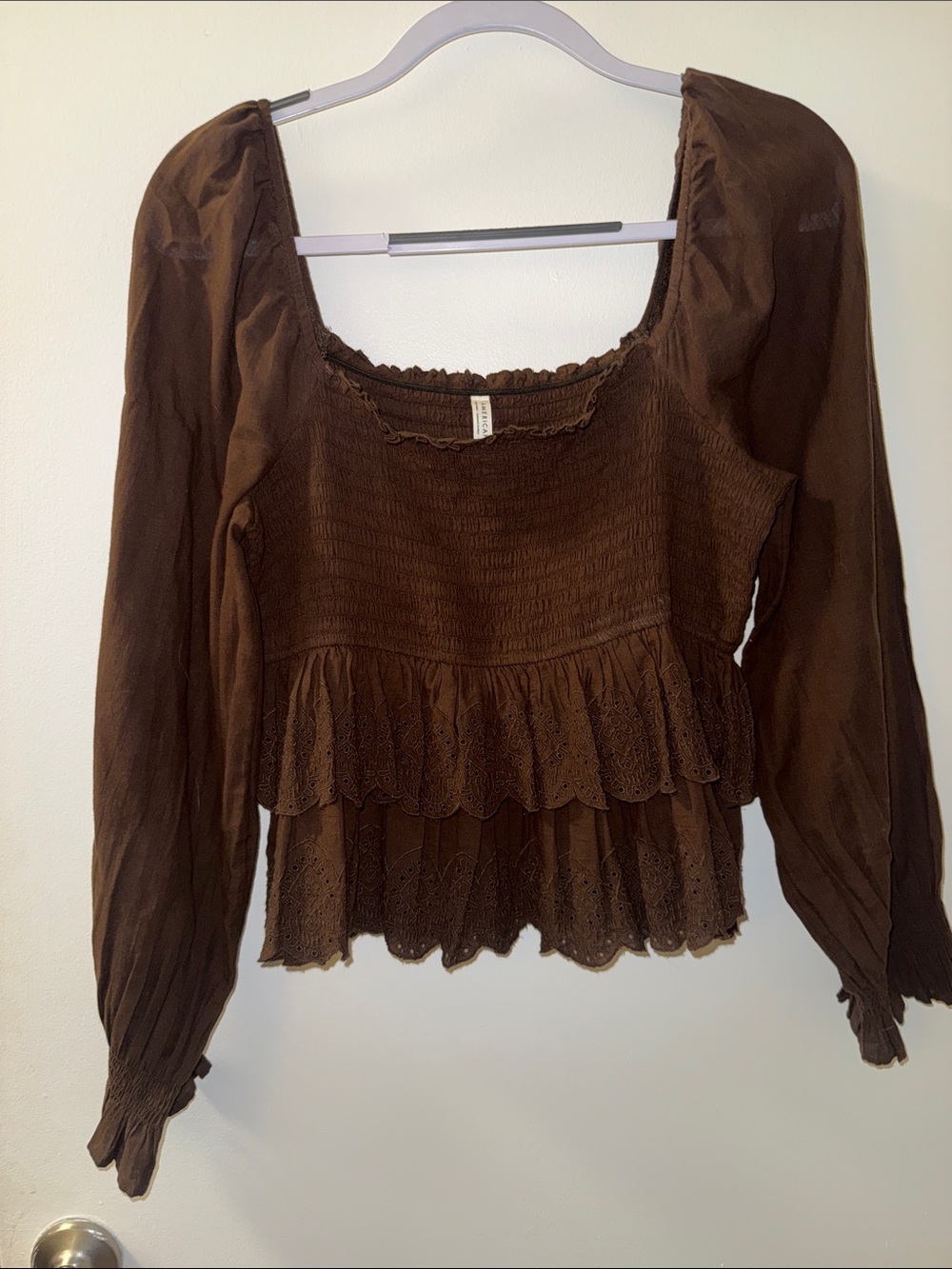 Brown Smocked Peasant Blouse with Ruffle Hem